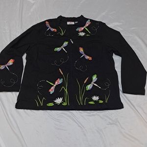 Embroidered Dragonfly Whimsy Art to Wear Full Zip Lightweight Jacket  W/ Pockets